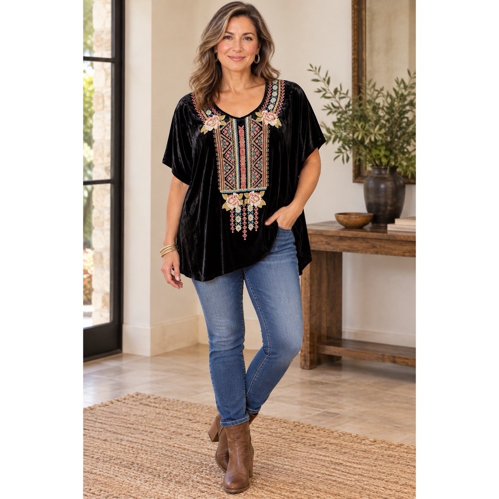 Andree by Unit Black Velvet Floral Embroidered Top~L~Tie Waist Boho Whimsigoth